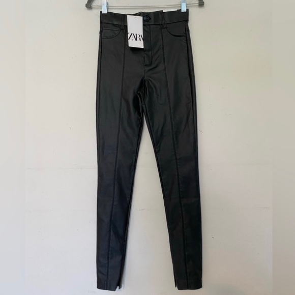 NWT ZARA Black Waxed Coated High Waist Leggings Trousers Size S Bloggers Fav. 1 - Picture 3 of 5